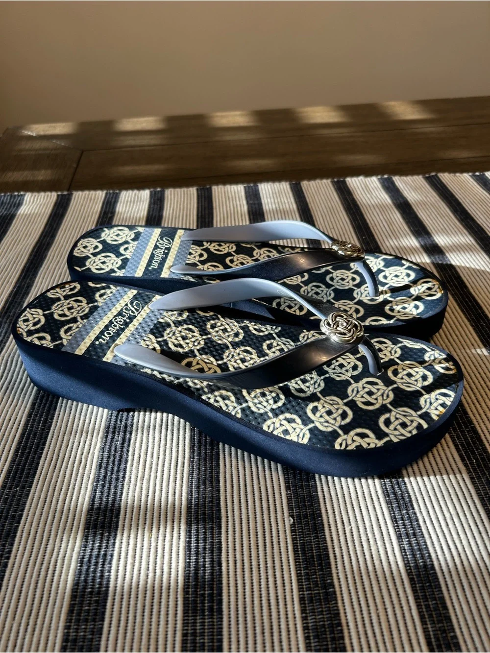 Brighton’s Navy Blue & White Silver Accent Flip Flops